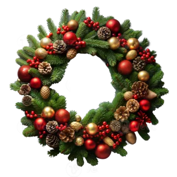 a christmas wreath with red and gold ornaments
