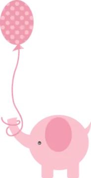 a pink elephant holding a balloon