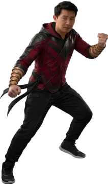 a young man in a red shirt and black pants