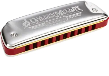 a harmonica that is red and silver