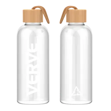 two clear water bottles with wooden lids