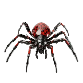 a red and black spider on white background