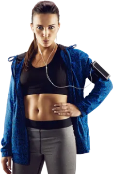 a woman in a blue jacket and black top