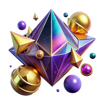 a purple and gold diamond surrounded by spheres
