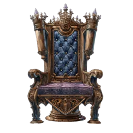 a blue and gold chair with a purple cushion