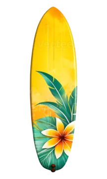 a surfboard with tropical flowers on it