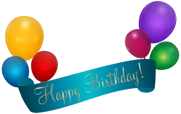 a happy birthday banner with balloons and a ribbon