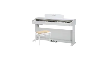 a white piano with a bench and stool