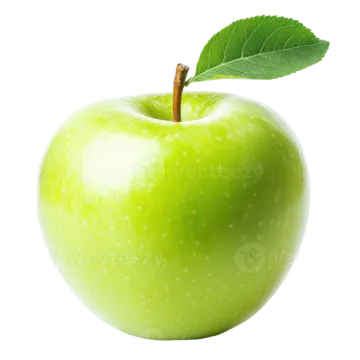 a green apple with a leaf on top