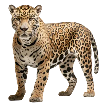 a large leopard standing in front of a white background