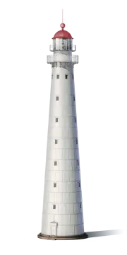 a white light house with a red roof