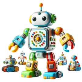 a robot toy with many different toys around it