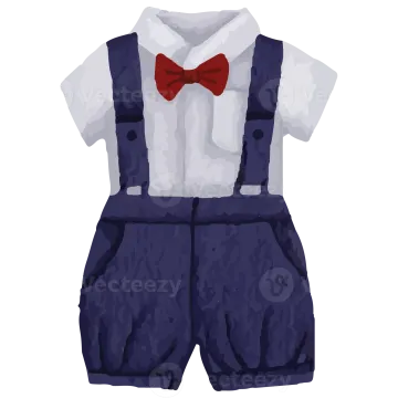a white shirt and blue shorts with a red bow tie