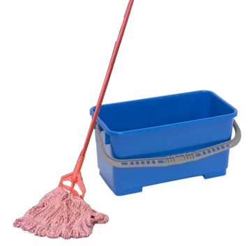 a blue bucket and mop with pink mops