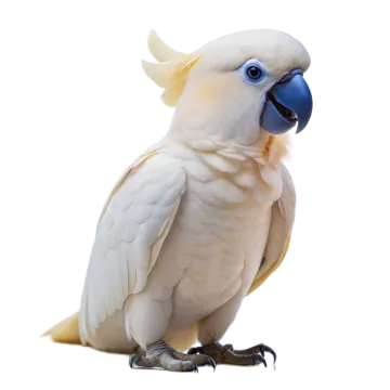 a close up of a white parrot with a blue beak