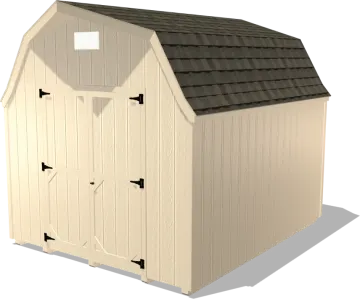 a white shed with a black roof
