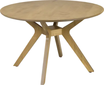 a round wooden table with two crossed legs
