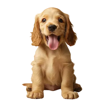 a puppy sitting down with its tongue out