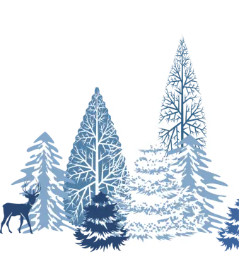a white background with blue trees and deers