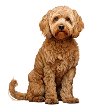 a brown dog sitting down on a white background
