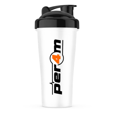 a white and black tumbler with an orange logo on it