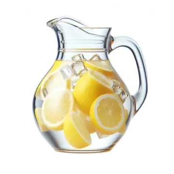 a pitcher filled with lemons and lemon slices