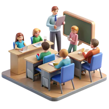 a group of people sitting at desks in front of a blackboard