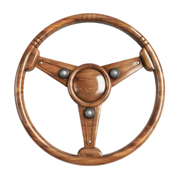 a wooden steering wheel on a white background