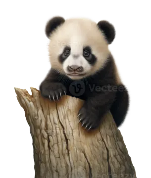 a panda bear sitting on top of a tree stump