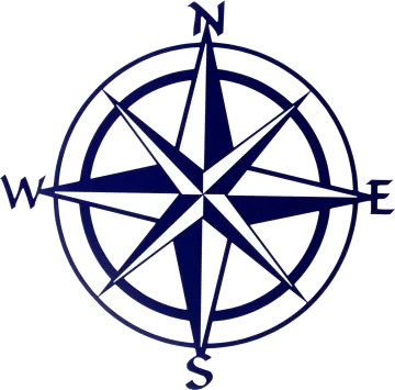 a blue and white compass on a white background