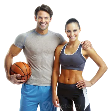 a man and woman holding a basketball ball