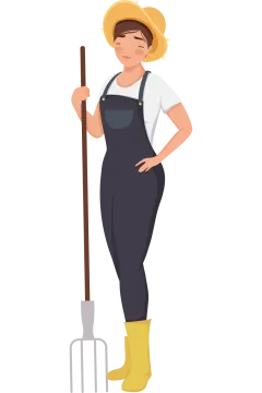 a woman in overalls and hat holding a pitchfork