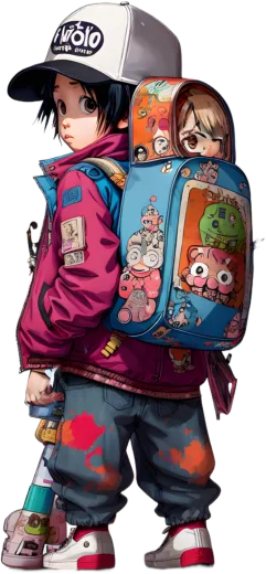 a young boy with a backpack and a cap on his head