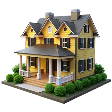a small yellow house on a white background stock photo