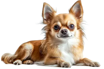 a small brown and white dog laying down