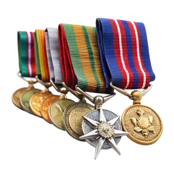 a group of medals on a white background