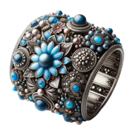 a silver bracelet with blue flowers and pearls