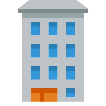 a gray building with orange and blue squares