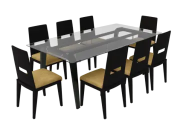 a glass dining table with four chairs