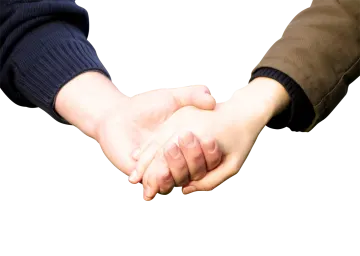 two people holding hands on a white background