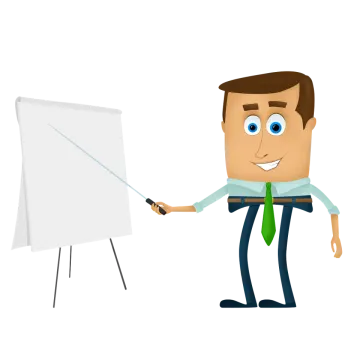 a cartoon man pointing at a whiteboard