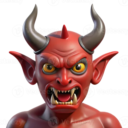 a red devil with horns and fangs on his head