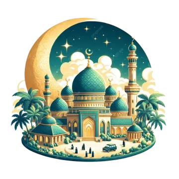 a mosque in the desert with palm trees and moon
