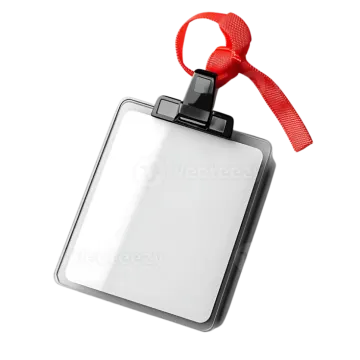 a blank badge with red ribbon on white background
