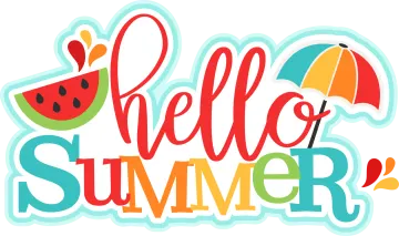 the words hello summer with watermells and umbrellas