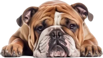 a brown and white dog laying down on the floor