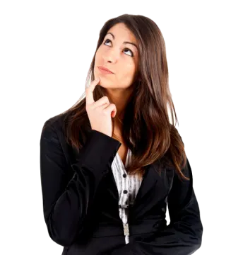 a woman in a business suit with her hand on her chin