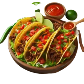 three taco beef tacoss on a plate with salsa sauce