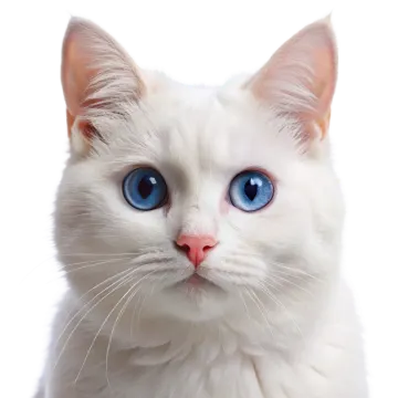 a close up of a white cat with blue eyes