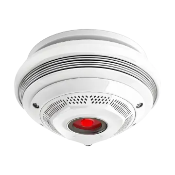 a white smoke detector with red light